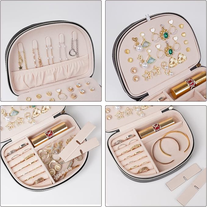 ProCase Travel Size Jewelry Box, Medium Portable Seashell-Shaped Jewelry Case, 2 Layer Jewelry Organizer in PU Leather for Women -Black - Image 4
