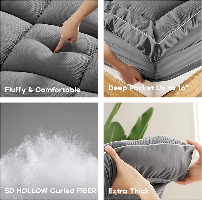 Sonive Twin Mattress Protector, Extra Thick Pillow-Top Mattress Topper with Premuim 1000gsm Alternative Filling, Fluffy Soft Quilted Mattress Pad, Mattress Cover Oeko-Tex Certified Grey