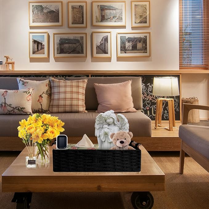 Round Paper Rope Storage Basket Wicker Baskets for Organizing with Handle Decorative Storage Bins for Countertop Toilet Paper Basket for Toilet Tank Top Small Baskets Set,Black - Image 7