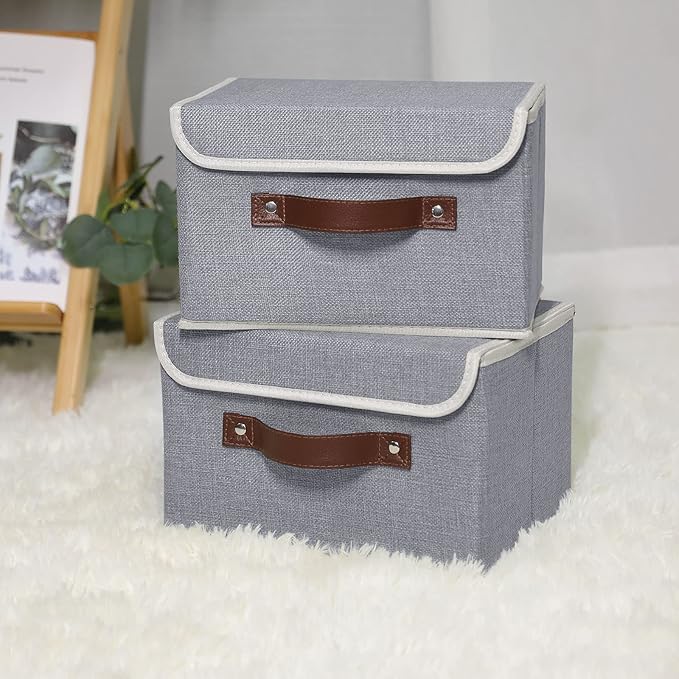 ANMINY 4PCS Storage Bins with Lid PU Leather Handles Storage Boxes PP Plastic Board Decorative Foldable Lidded Cotton Linen Fabric Home Cubes Baskets Closet Organizer Containers - Gray, Small Size - Image 6