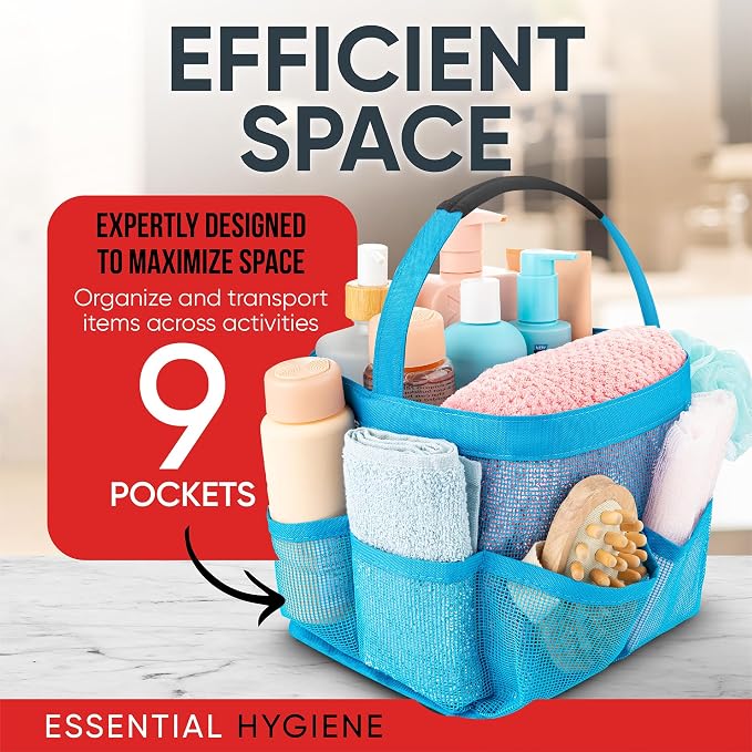 Masirs Mesh Shower Caddy – 9 Pocket Portable Shower Tote Bag for College Dorm Room Essentials, Quick-Dry Bathroom Organizer for Travel, Gym, Camping, Beach – Lightweight Collapsible Blue - Image 5