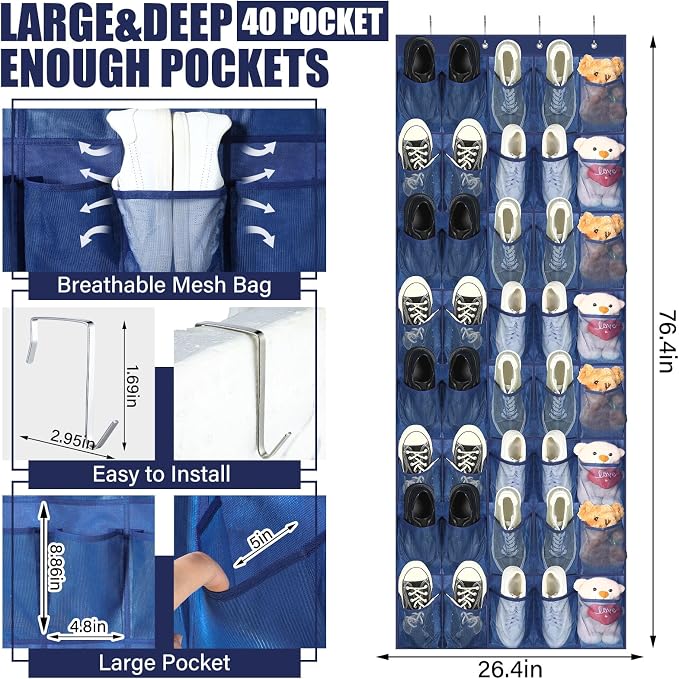 Windyun 40 Large Over the Door Hanging Shoe Organizer Navy Blue Mesh Pockets Shoe Rack for Closet Behind Door Hanger Storage Holder Nonslip for Cruise Essentials, Dorm Room Storage, Utility Room - Image 2