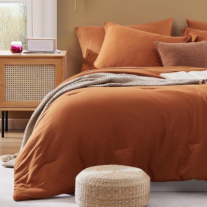 WRENSONGE Super King Plus Comforter Set- 7 Pieces Soft Burnt Orange Bed in a Bag with Fitted Sheet, Flat Sheet, 2 Shams, and 2 Pillowcases-Warm Bed Sets Fall Comforter for All Seasons