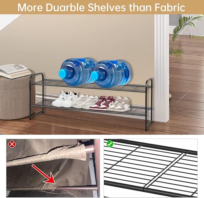 KEETDY 2-Tier Long Shoe Rack for Closet Metal Shoe Organizer for Entryway, Wide Stackable Shoe Storage Shelf with Sturdy Wire Grid for Closet Floor, Bedroom, Black - Image 4