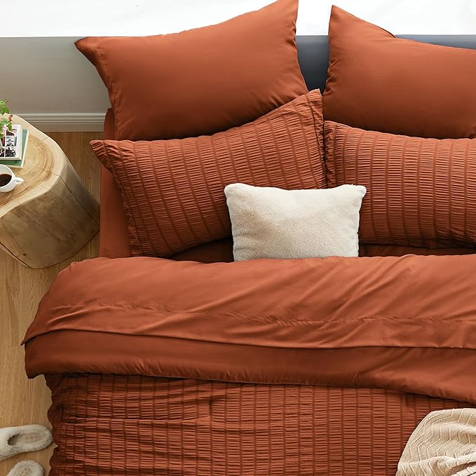 Love's cabin Seersucker Terracotta Twin Comforter Set, 5-Piece All Season Lightweight Bed in a Bag Bedding Set with Comforter, Flat Sheet, Fitted Sheet, Pillowcase and Sham | Soft, Breathable, Lightweight
