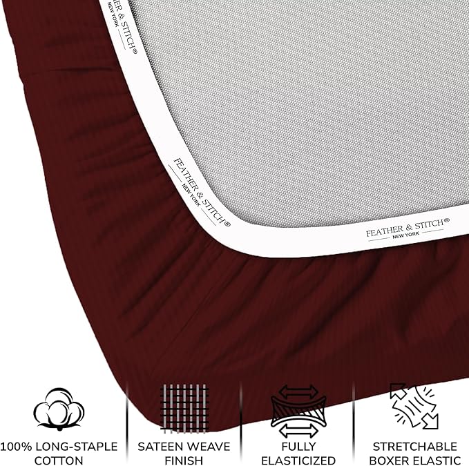 Feather & Stitch 500 TC Twin Size Damask Bed Sheet Set, 100% Cotton Soft Breathable Bedsheets, 3 Piece 18" Deep Pockets Sateen Weave Striped Bedding Mattress Resort Hotel Luxury- (Burgundy Stripe)