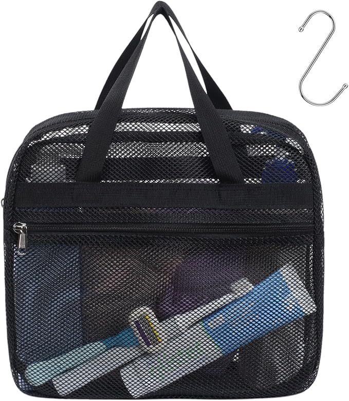 F-color Mesh Shower Caddy Portable with Zipper -Dorm Room Essentials for Guys Girls with S Hook, Shower Bag Basket Tote for College Camping Toiletry Bathroom, Black by F-color