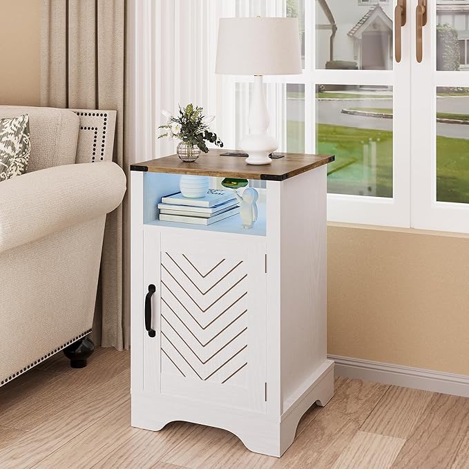 RoyalCraft 25" Tall LED Nightstands with Charging Station, Farmhouse Nightstand for Bedroom, Wooden Rustic Side Table, White End Table with Storage, White and Rustic Oak