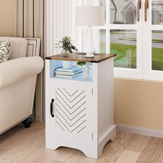 RoyalCraft 25" Tall LED Nightstands with Charging Station, Farmhouse Nightstand for Bedroom, Wooden Rustic Side Table, White End Table with Storage, White and Rustic Oak