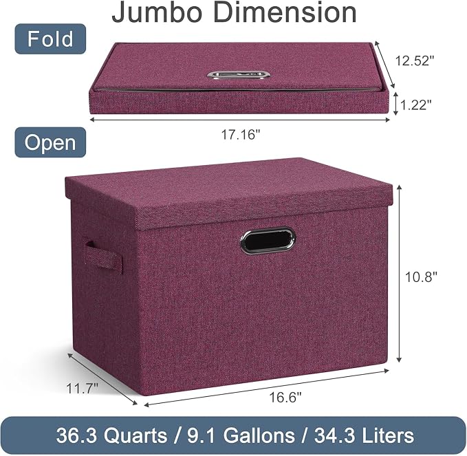 Graciadeco Large 17" 36 Quart Collapsible Stackable Storage Bins with Lids, 3 Packs Purple Linen Fabric Closet Boxes with Lids, Storage Cube Baskets Container Organizers for Bedroom Office (17x12x11) - Image 2