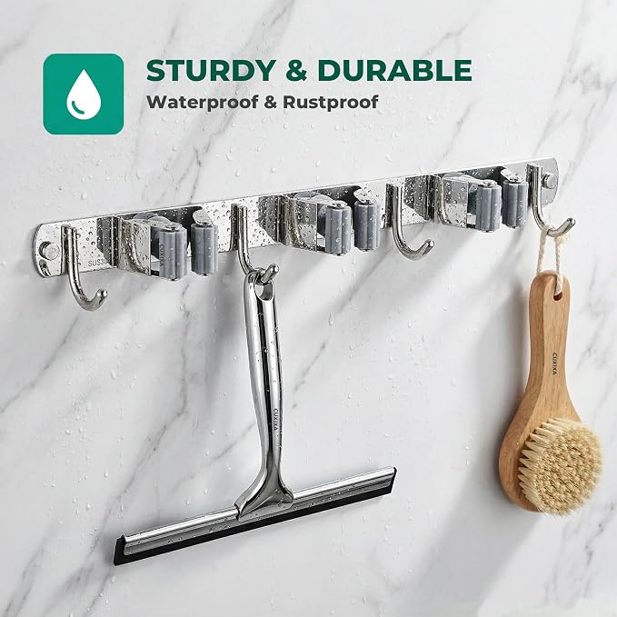 CUXIXA Mop and Broom Holder Wall Mount, Upgraded Broom Organizer Wall Mount, Stainless Steel Broom Hanger Wall Mount for Home Kitchen Garden Laundry Garage (3 Racks with 4 Hooks) - Image 5