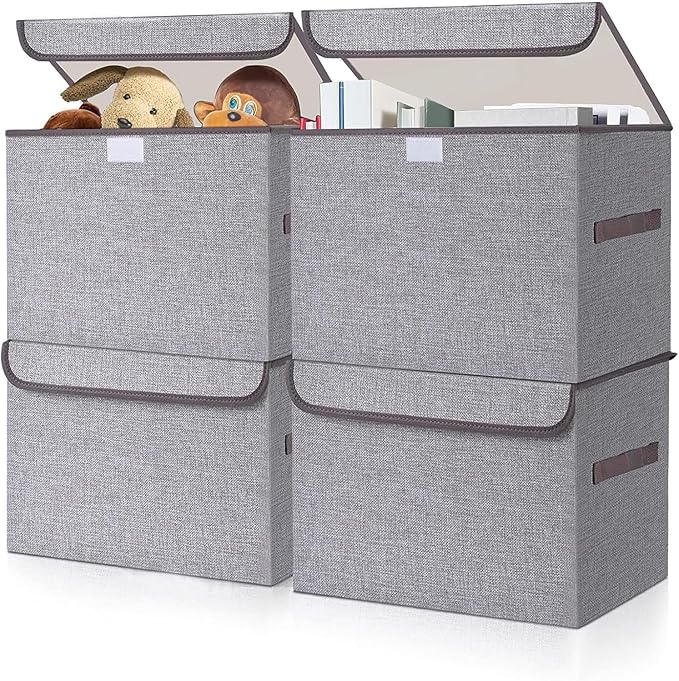 Bagnizer Large 22 Quart Linen Fabric Foldable Storage Bin Cube Organizer Basket with Flip-Top Lid & Handles, Clothes Blanket Box for Home, Office, Closet, Gray, 4 Pack 14.6 x 9.5 x 9.5” by Bagnizer