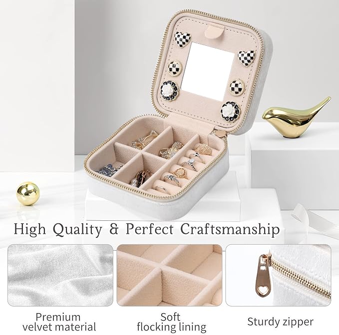 Dajasan Velvet Jewelry Box, Mini Travel Jewelry Case, Portable Travel Jewelry Organizer with Mirror for Birthday Mother's Day Valentine's Day(Beige) - Image 5