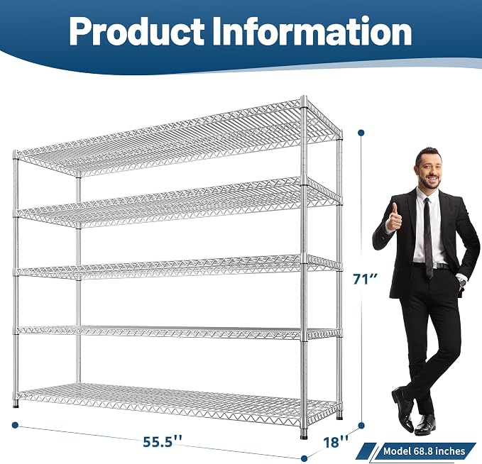 REIBII 55.5" W Storage Shelves 3200LBS Metal Shelving 5 Tier Wire Shelving Garage Shelving Heavy Duty Metal Shelves for Shelving Unit Commercial Adjustable Shelf, 55.5" W X 18''D X 71" H，Chrome - Image 3