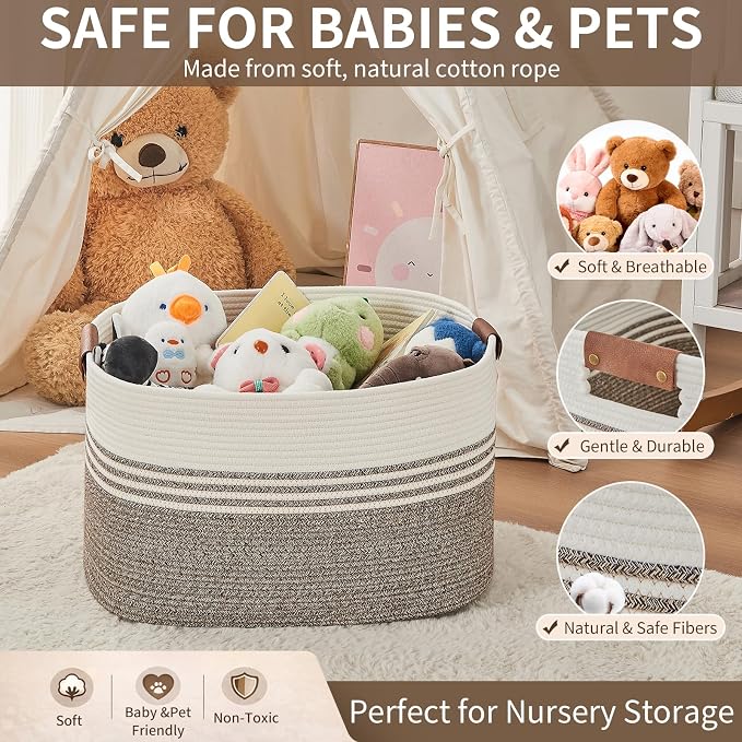 Large Woven Laundry Basket Hamper, 72L Cotton Rope Storage Bin for Blankets, Toys, Clothes, Decorative Nursery Hamper for Living Room, Baby Nursery, Bathroom, Bedroom, Kids Storage, Brown - Image 8