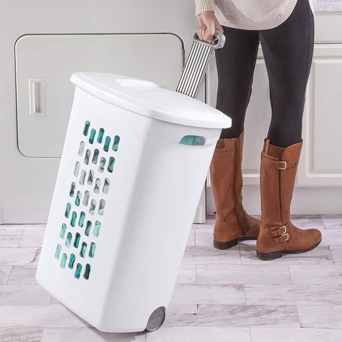 Sterilite 3 pack Ultra Wheeled Hamper, Laundry Basket w/Flip-Top Lid & Retractable Handle - Plastic Rolling Clothes Storage Cart with Ventilated Holes for Home, Apartment or Dorm - Image 3