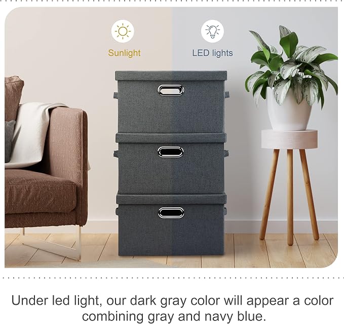 Graciadeco Medium 15" 21 Quart Collapsible Stackable Storage Bins with Lids, 3 Packs Dark Grey Foldable Fabric Closet Boxes Heavy-duty Linen Cube Baskets Container for Bedroom Office (15 x 11 x 8) - Image 6