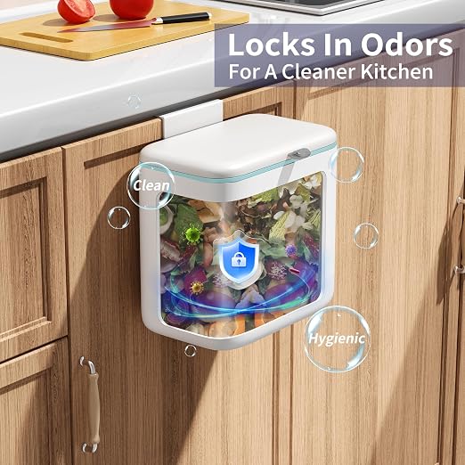 Compost Bin Kitchen for Countertop or Under Sink, 2.6 Gallon Hanging Small Trash Can with Lid, Garbage Can for Cabinet Door, Indoor/outdoor Food Waste Bin for Kitchen, Bathroom, RV, Office, White - Image 7