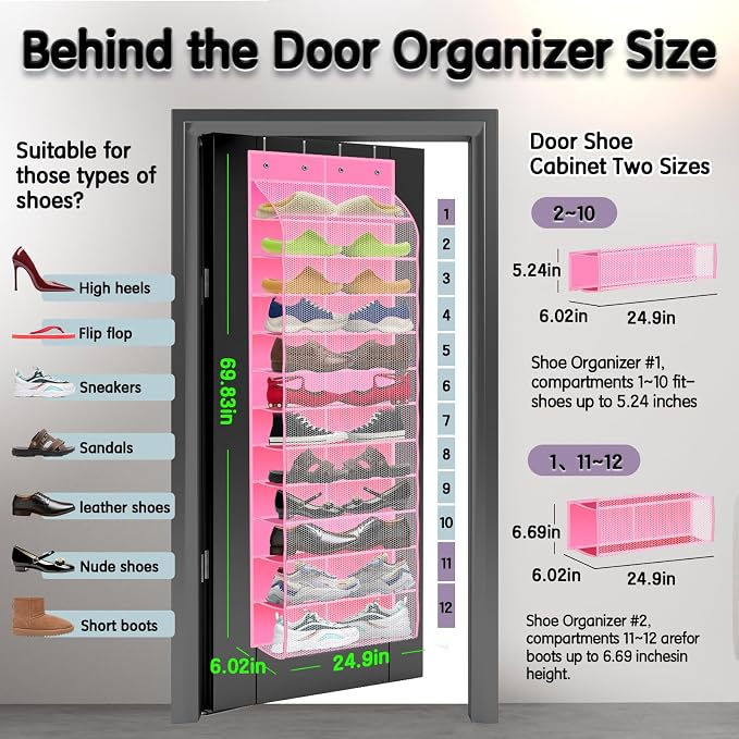 Kotkn Over The Door Shoe Organizer with 12 Large Breathable Pockets - Durable Hanging Storage for the Entire Family's Shoes (Pink) - Image 2