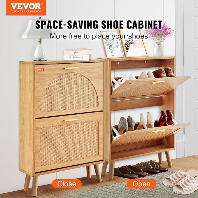 VEVOR Shoe Cabinet with 2 Flip Drawers, Shoe Storage Cabinet for Entryway, Free Standing Shoe Storage Organizer with Rattan Doors for Heels, Boots, Slippers in Hallway, Living Room - Image 4