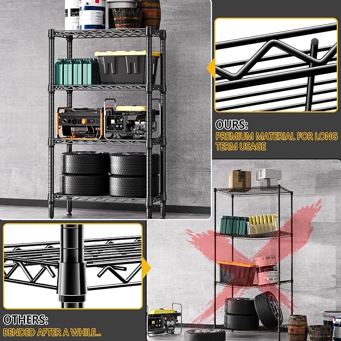 M MZG 1000 lbs 4 Tier Shelf Metal Storage Shelves Wire Rack Closet Organizers for Garage Kitchen Bathroom Laundry Black 11.8" D x 25.6" W x 45.5" H - Image 5
