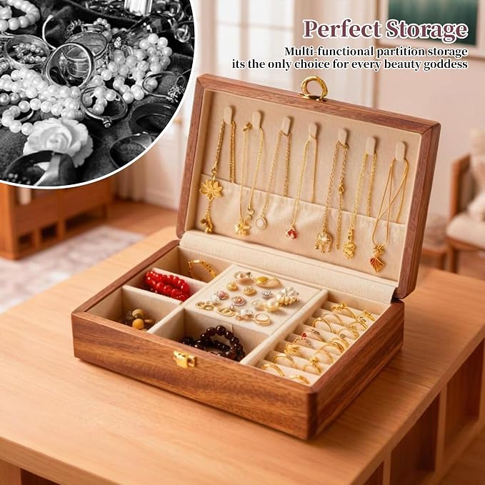 Travel Jewelry Case Small Wood Jewelry Organizer Jewelry Box for Women (Nut-Brown Print C) - Image 5