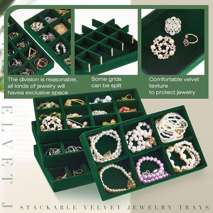 Junkin 12 Pcs Jewelry Tray Velvet Stackable Jewelry Organizer Trays Divided Earring Accessories Storage Containers Box (Rose Red) - Image 3