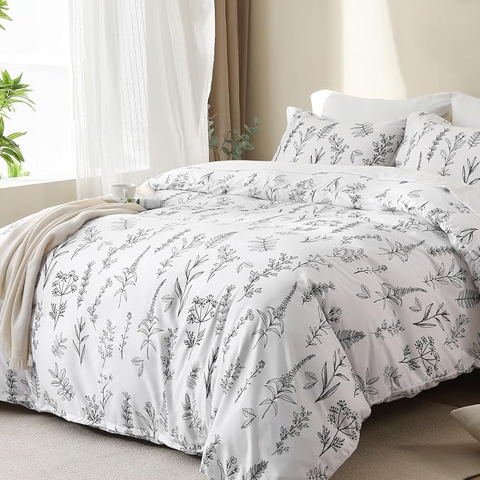 MUXHOMO White Full Comforter Set, Elegant Floral Print Bed in a Bag 7 Pieces, Ultra Soft & Breathable Reversible Botanical Pattern Bedding Set with Comforter, Sheets, Pillowcases, and Shams