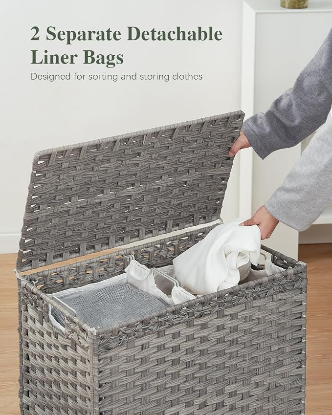 SETVSON Laundry Hamper with Lid, 112 L Handwoven Rattan Wicker Laundry Basket, 2 Removable Liner Bags Metal Heightened Feet, 6 Mesh Bags, 2 Section Large Clothes Hamper for Bathroom Bedroom, Gray - Image 4