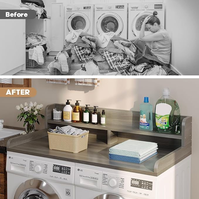2-Tier Washer Dryer Countertop with 2.75"H Edge Rails, 54" W x 27.55" D Laundry Countertop for Folding Clothes, Washer and Dryer Topper with Non-Slip Pad (Stripe Gray) - Image 6