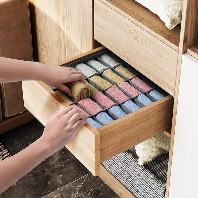 Joyoldelf Sock Drawer Organizer Divider Underwear Organizer 24-cell Fabric Dresser Drawer Organizers Storage Boxes for Socks Lingerie, Handkerchiefs, Ties 4 Pack (Grey) - Image 5