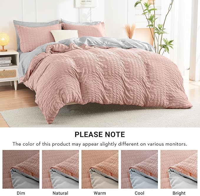 HYMOKEGE Rose Gold/Light Grey Twin Comforter Set Seersucker 5 Pieces, All Season Luxury Bed in a Bag for Bedroom, Bedding Set with Comforter, Sheets, Pillowcase & Sham