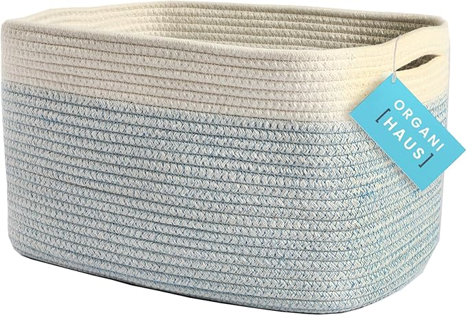 OrganiHaus Cotton Rope Basket for Shelf - Woven Storage Basket for Organizing, Closet & Toy Storage - Blue/White - 15x9x10 by OrganiHaus