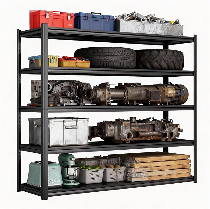 Garage Shelves,45''W Heavy-Duty Storage Shelves, Double-Layer Uprights, Thickened Shelves, Waterproof &Rustproof, Suitable for Indoor & Outdoor Use. (BLACK, 5TIER 45''W*16''D*72''H, 5-TIER) by Beaunatixx