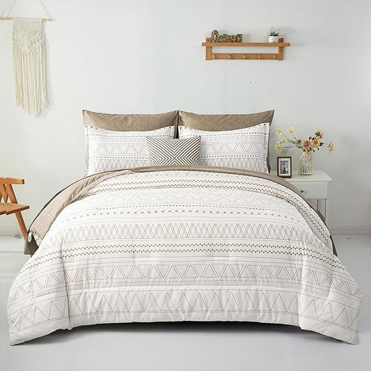 WONGS BEDDING 7 Pieces Khaki Comforter Set Boho Bed in a Bag King Size,Geometric Striped Comforter Reversible Soft Microfiber Bedding Set with Pillowcases,Flat Sheet,Fitted Sheet,Pillow Shams
