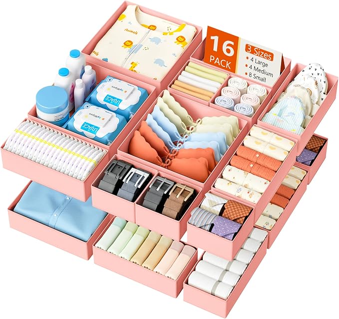 DIMJ Drawer Organizer Clothes - 16 Pack Baby Dresser Organizer for Nursery, Foldable Drawer Organizer Bins for Closet Bedroom Organization, Fabric Clothes Storage Dividers for Underwears, Socks, Bras by DiMJ