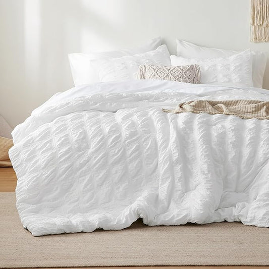 Bedsure Plaid Seersucker Comforter Sets Full Size Bed 7 Piece, Soft Lightweight White Bedding All Season Full Bed in a Bag Set with Comforters, Sheets, Pillowcases & Shams