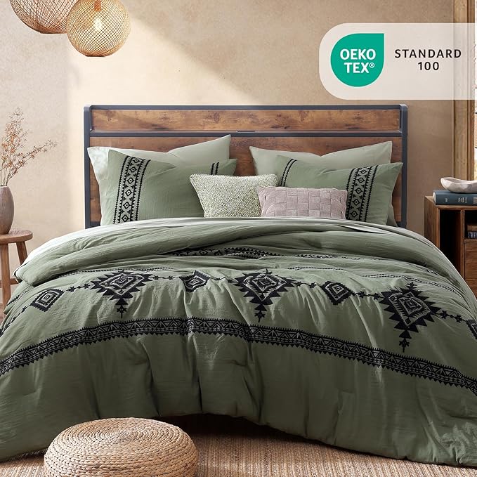 MaiRêve Embroidery Comforter Set, Boho Farmhouse Western Bedding Set, All Season Bed in A Bag Comforter Set with Sheets, Pillowcases & Shams, Olive Green Queen 7 Pieces