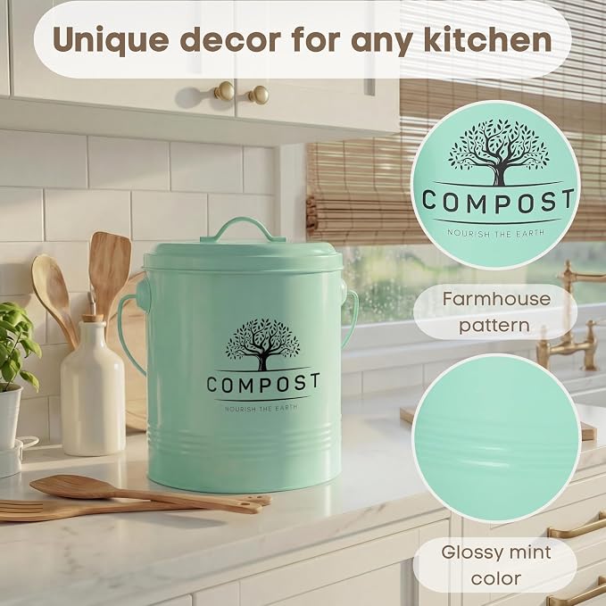 Perfnique Kitchen Compost Bin, 1.3 Gallon Countertop Compost Bin with Lid, Indoor Compost Bucket Includes Inner Bucket Liner and Carbon Filter, Small Compost Bin with Trash Bags (with Bags, Mint) - Image 4
