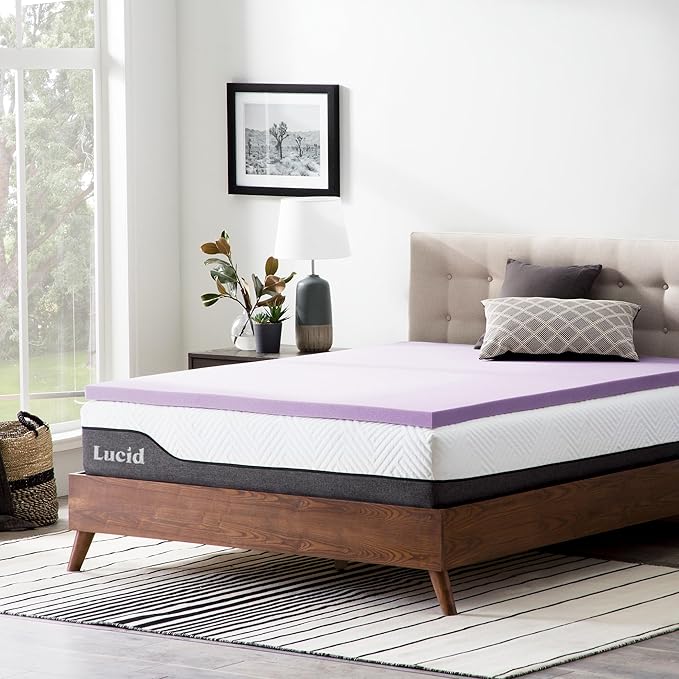 Lucid 2 Inch Lavender Memory Foam Mattress Topper, Queen Size – Essential Oil Infusion – Plush Feel, Pressure-Relieving Bed Topper – Ventilated and Breathable – CertiPur Certified