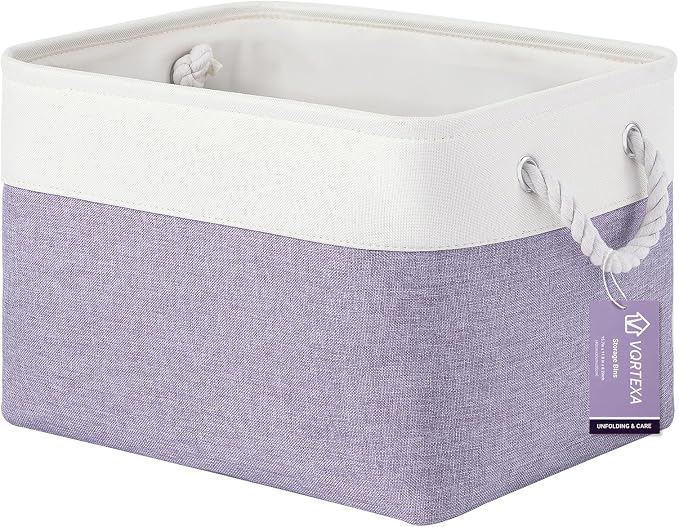 Large Storage Baskets- 15x11x10 inch Storage Bins for Shelves and Closet Organizing, Foldable Fabric Bin for Home Organization Clothes and Laundry (1-Pack, White&Purple) by VQRTEXAStorageBasket
