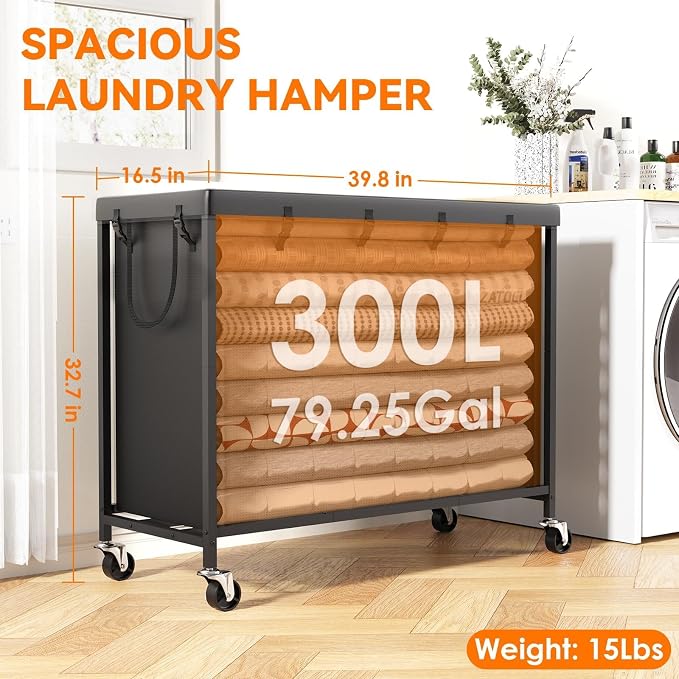 300L Large Laundry Basket with Wheels, Heavy Duty Rolling Laundry Hamper, Oxford Fabric Dirty Clothes Hamper with Thick Iron Frame & Removable Bag, Commercial Hampers for Hotel Home Laundry Room - Image 3