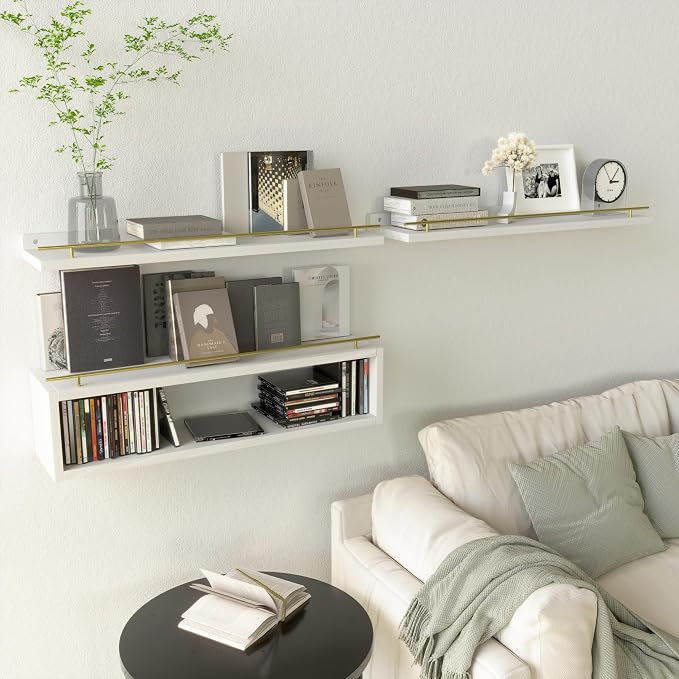 WOPITUES Floating Shelves for Wall 24 inch with Cube Shelf, Wall Shelves with Metal Rail for Decor, Bathroom Organizers and Storage, Over Toilet Shelves for Bathroom, Toilet Paper-White&Gold - Image 5