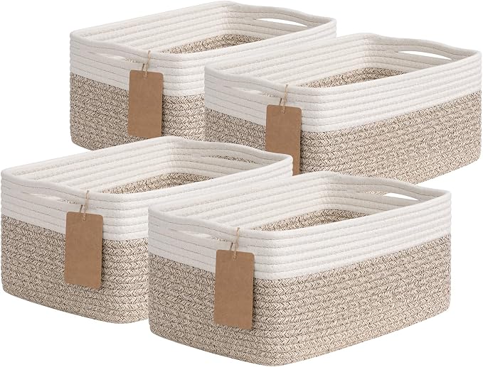 Goodpick 4 Pack Storage Baskets for Shelves, Rectangle Woven Baskets for Organizing, Cotton Rope Storage Bins for Baby Toys, Decorative Basket for Gifts, 13''L x 8''W x 6''H, Brown & White by Goodpick