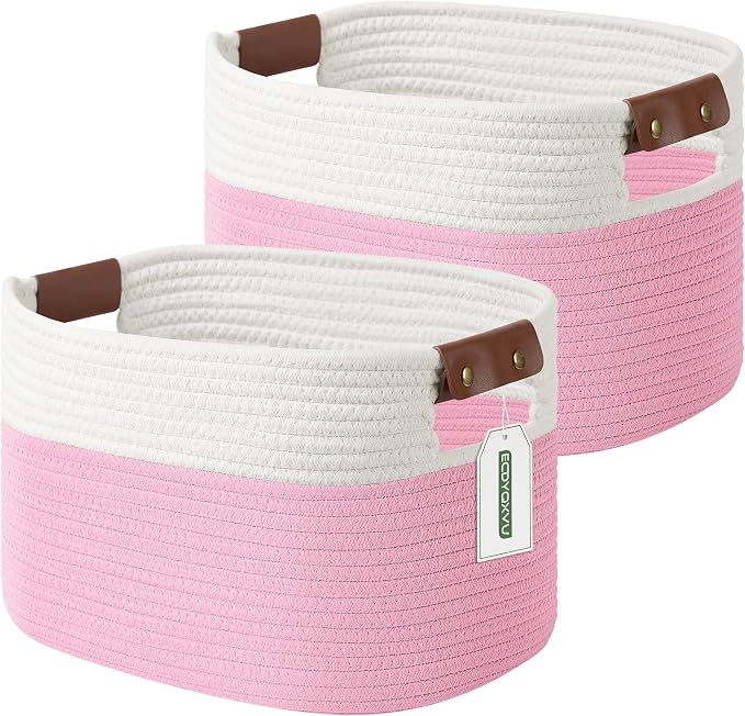 ECDYQXVU Cotton Rope Basket, Storage Baskets with Handle, 15x10x9 Inch Woven Basket for Shelves, Laundry, Towels, Clothes, Books (White/Pink 2Pack) by ECDYQXVU