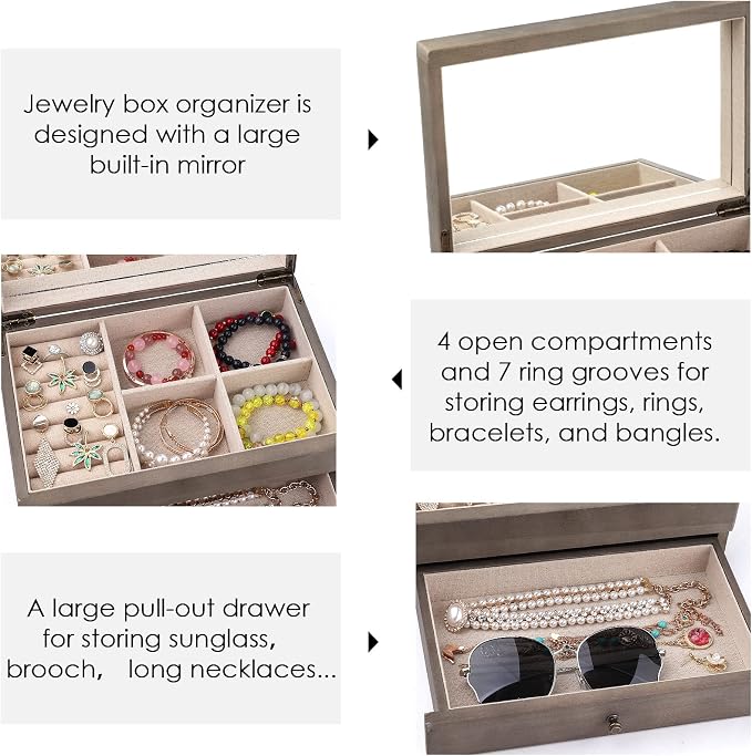 Meangood Jewelry Box Organizer for Women, 2 Layer Large Jewelry Storage Case, Rustic Wooden Jewelry Box with Mirror & Ring Tray for Necklace Earring Bracelets Rings, Vintage Style (Weathered Grey) - Image 3
