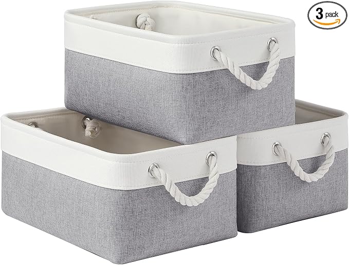 Storage Baskets for Shelves 13.8x9.8x6.7 Inch, Foldable Fabric Storage Bins with Handles, Small Storage Baskets for Organizing Closet, Office, Home Organization (3-Pack, White&Gray) by VQRTEXAStorageBasket