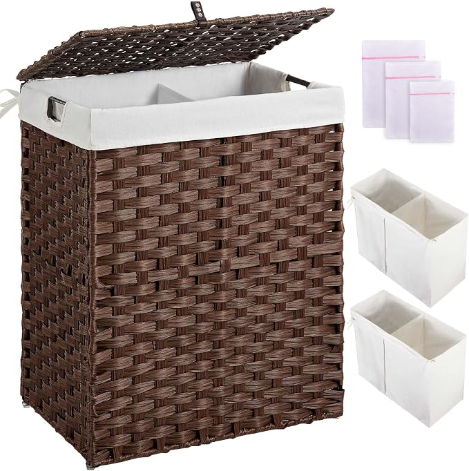 Greenstell Laundry Hamper with lid, No Install Needed, 90L Wicker Laundry Baskets Foldable 2 Removable Liner Bags, 2 Section Clothes Hamper Handwoven Rattan Laundry Basket with Handles, Brown by Greenstell