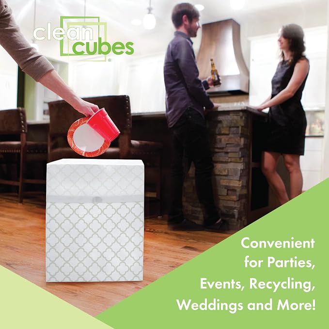 Clean Cubes 13 Gallon Disposable Pop-Up Trash Cans (3-Pack) with Fitted Bags – Foldable Garbage & Recycling Bins for Parties, Events & Kitchen (Trellis, 17" H x 13.5" W x 10" D) - Image 2
