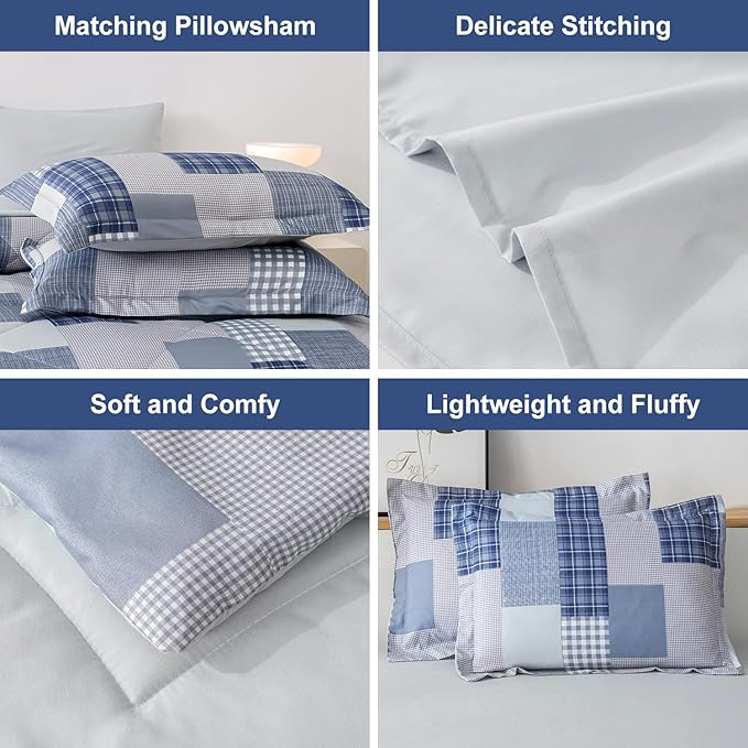 Comforter Set Queen Size Plaid Patchwork Comforter Bedding-7 Piece Bed in a Bag,Soft Fluffy Reversible Microfiber Bedding Set(1 Comforter,1 Flat Sheet,1 Fitted Sheet,2 Pillowcases,2 Pillow Shams),Blue